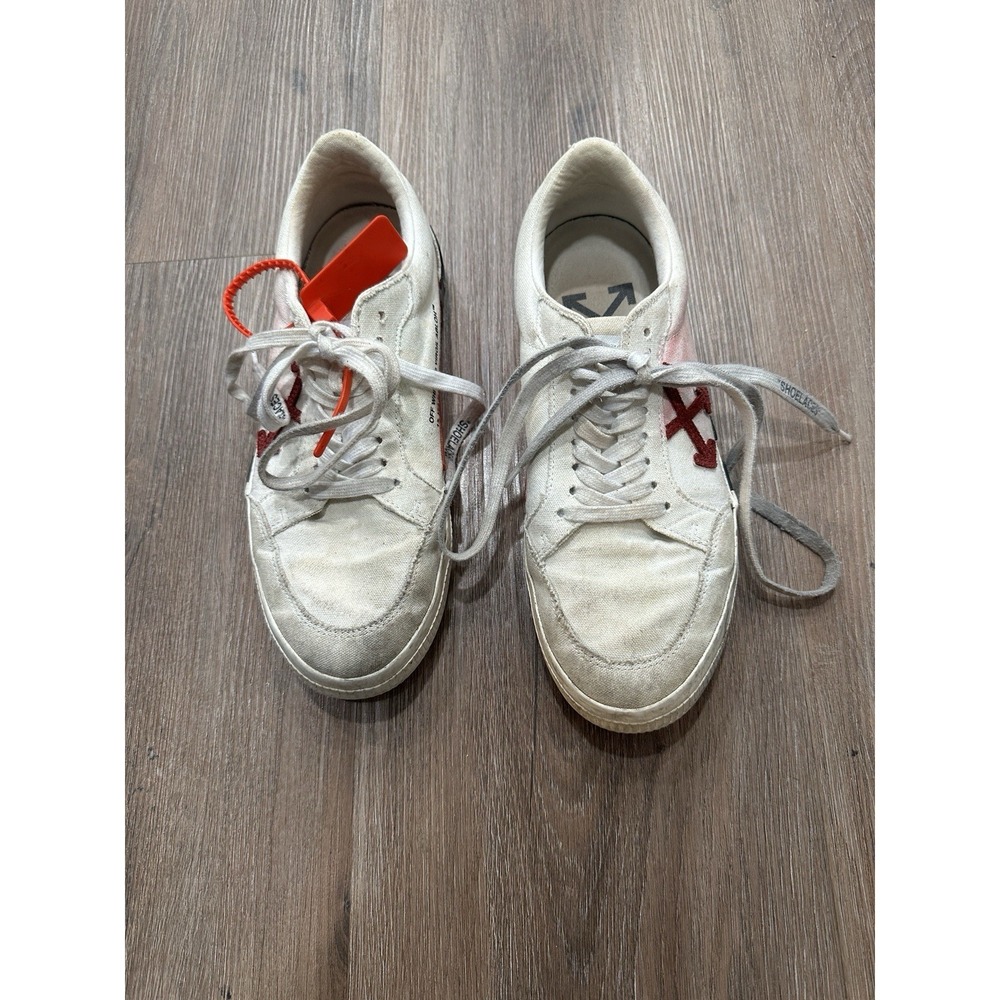 OFF-WHITE "LOW VULCANIZED" White Canvas Lace Up Low Top Sneakers Men's Size 42‎